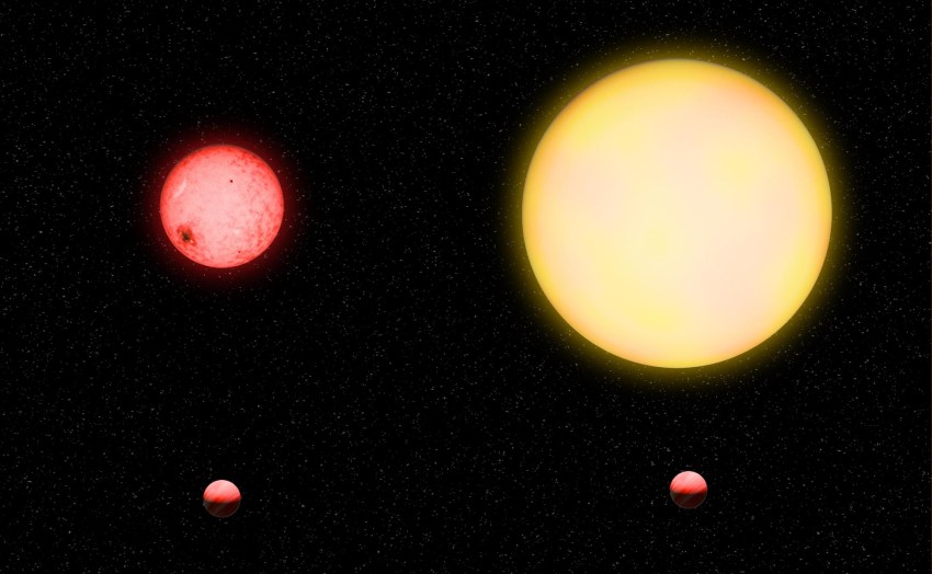 On the left is a small red dwarf and on the right a larger, yellow sun-like star. Below both is the gas giant TOI-5205b for scale.