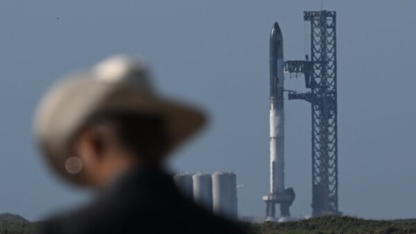 The SpaceX Starship rocket stands on the launchpad from the SpaceX Starbase