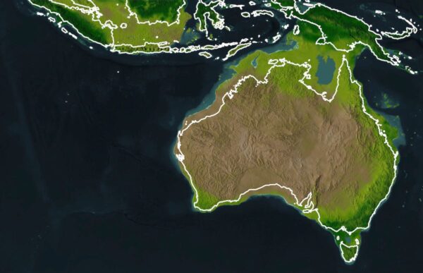 An artist's impression of the Sahul continent, with modern-day Australia, New Guinea and Tasmania outlined.