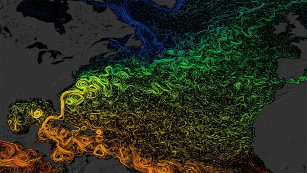 Visualization of ocean currents in the North Atlantic. The colors show sea surface temperature (orange and yellow are warmer, green and blue are colder).