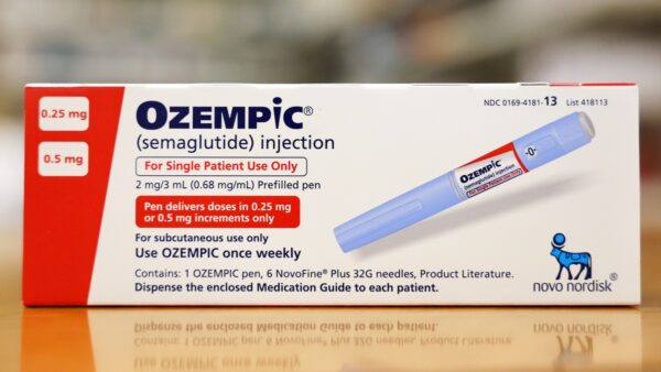 A box of the diabetes drug Ozempic rests on a pharmacy counter. Ozempic was originally approved to treat people with Type 2 diabetes who risk serious health consequences without medication. In recent months, there has been a spike in demand for Ozempic, or semaglutide, due to its weight loss benefits, which has led to shortages. Some doctors prescribe Ozempic off-label to treat obesity.