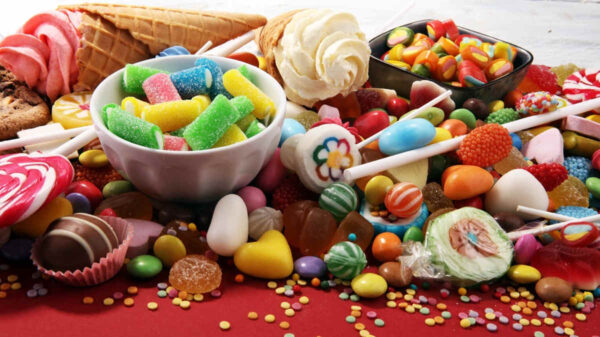 Candies with jelly and sugar. colorful array of different childs sweets and treats