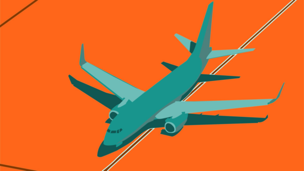 Illustration of a teal-coloured aeroplane on an orange tarmac