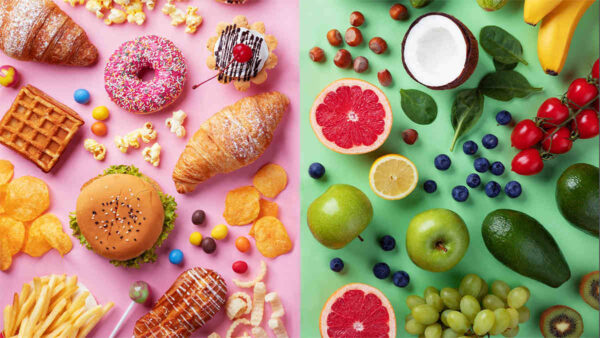 Healthy and unhealthy food background from fruits and vegetables vs fast food, sweets and pastry top view