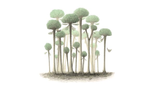 artist's illustration of a forest of ancient plants