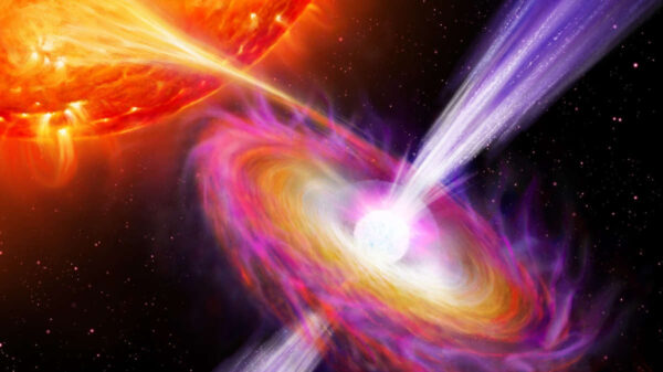A neutron star consuming nearby star and producing jet