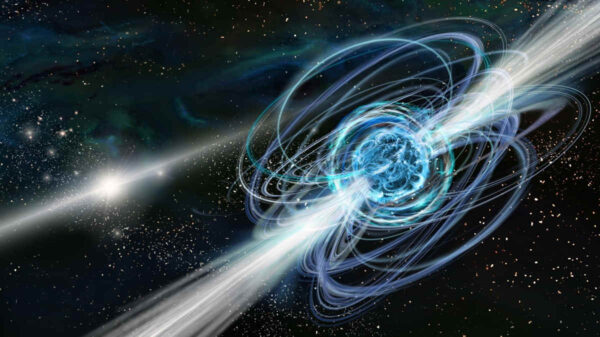 3D illustration of magnetar, neutron star with magnetic field in a deep space
