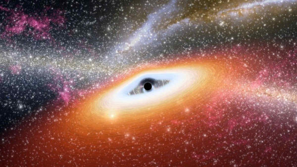 Artist conception of a primitive supermassive black hole at the centre of a young, star-rich galaxy