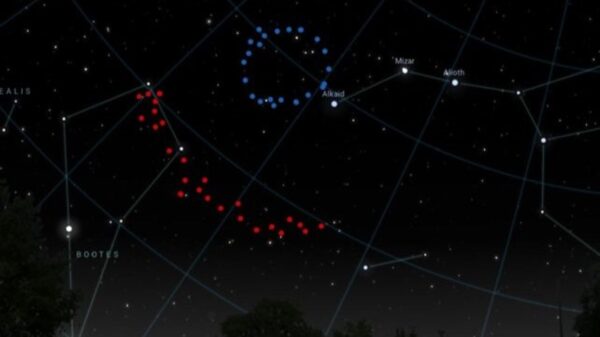 blue ring red arc of galaxies in the sky with constellations