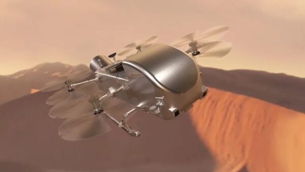 rotorcraft drone flying over dunes on titan