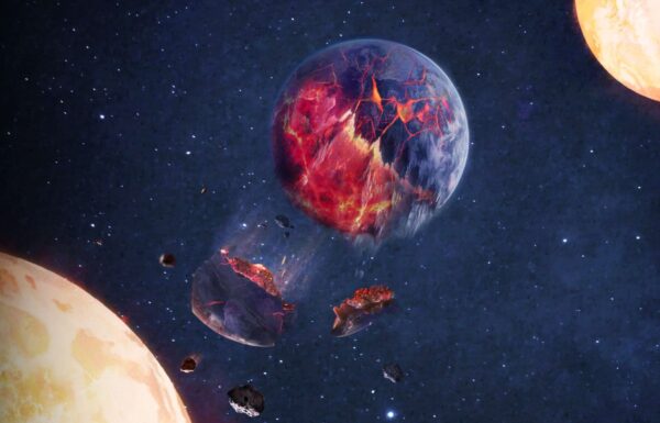 Artists impression of a planet being torn apart by twin suns.