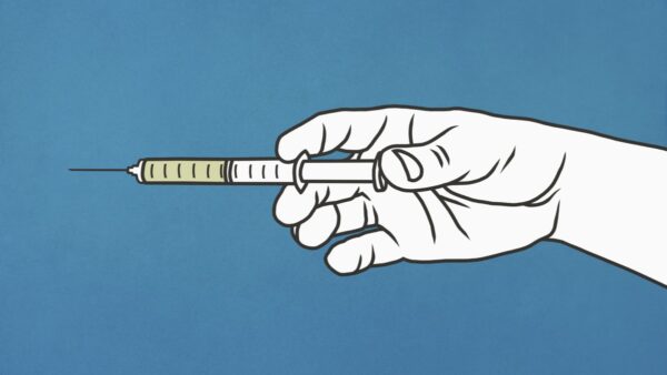Illustration of a hand holding a syringe on a blue background
