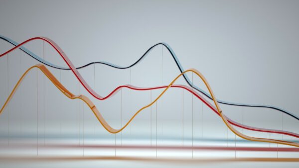 Digital generated image of abstract multi colored curve chart on white background.