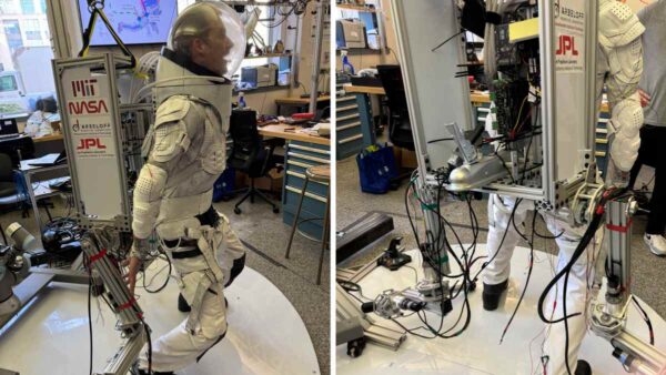 2 photographs of a man wearing a white suite which approximates the restriction experienced by an astronaut wearing a spacesuit. He is also wearing the SuperLimb system on his back. It looks like a metal box from which 2 metallit arms and wires protrude. They are stabilising him on either side of his feet.