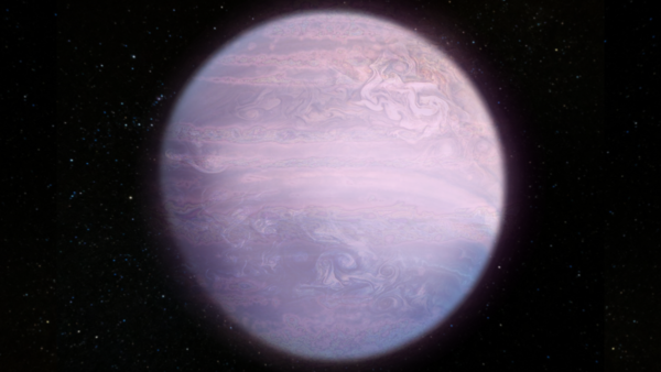 Digital illustration of a low density gas giant planet. The planet is illustrated in light purples, pinks, and oranges with swirls of colour in the atmosphere similar to Jupiter's. The planet is surrounded by distant stars in space.