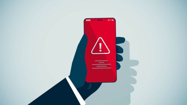 An illustration of a hand holding a phone with a red