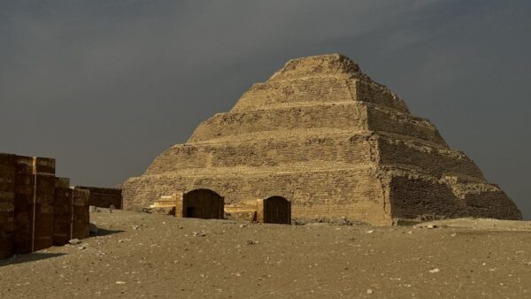 A step pyramid in the desert.